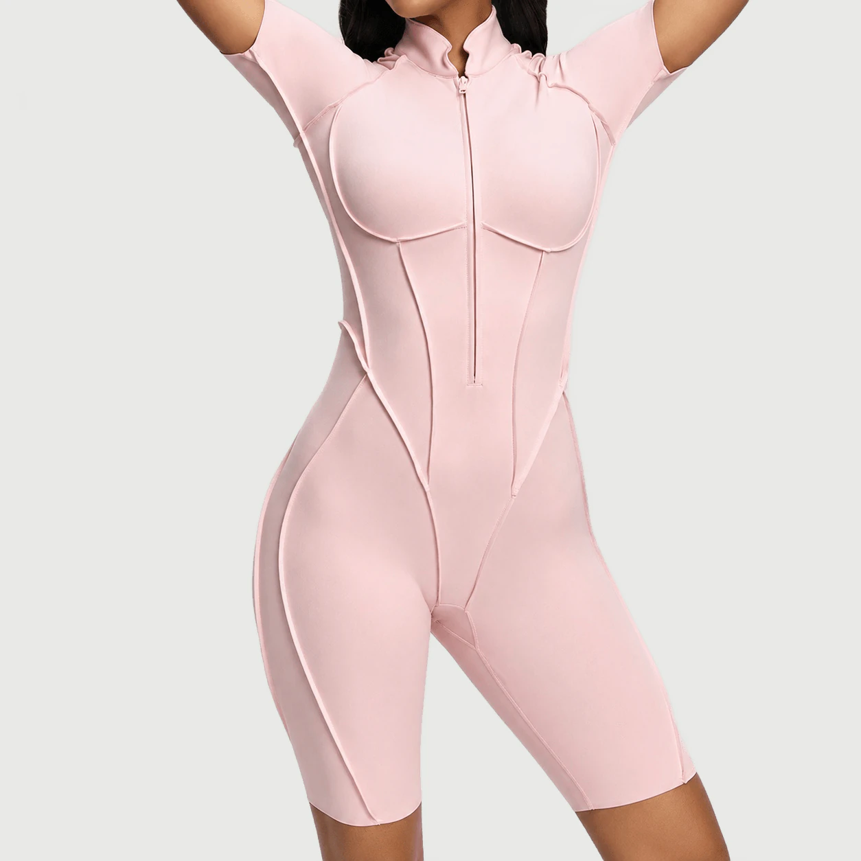 OP-014 Pink Zip Front Sculpting Biker Unitard for private label activewear sourcing