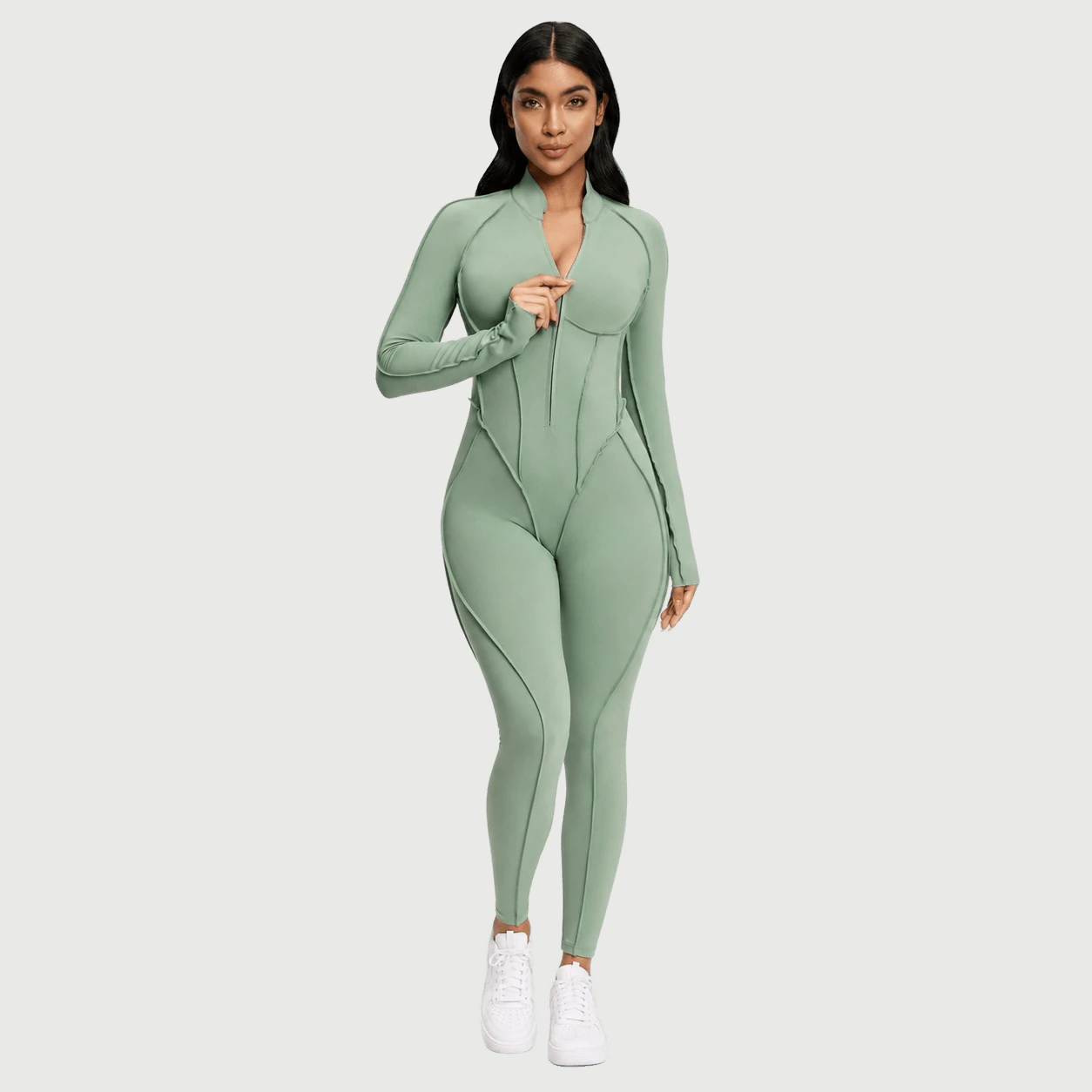 OP-015 Long Sleeve Zip Front Yoga Unitard for private label activewear sourcing