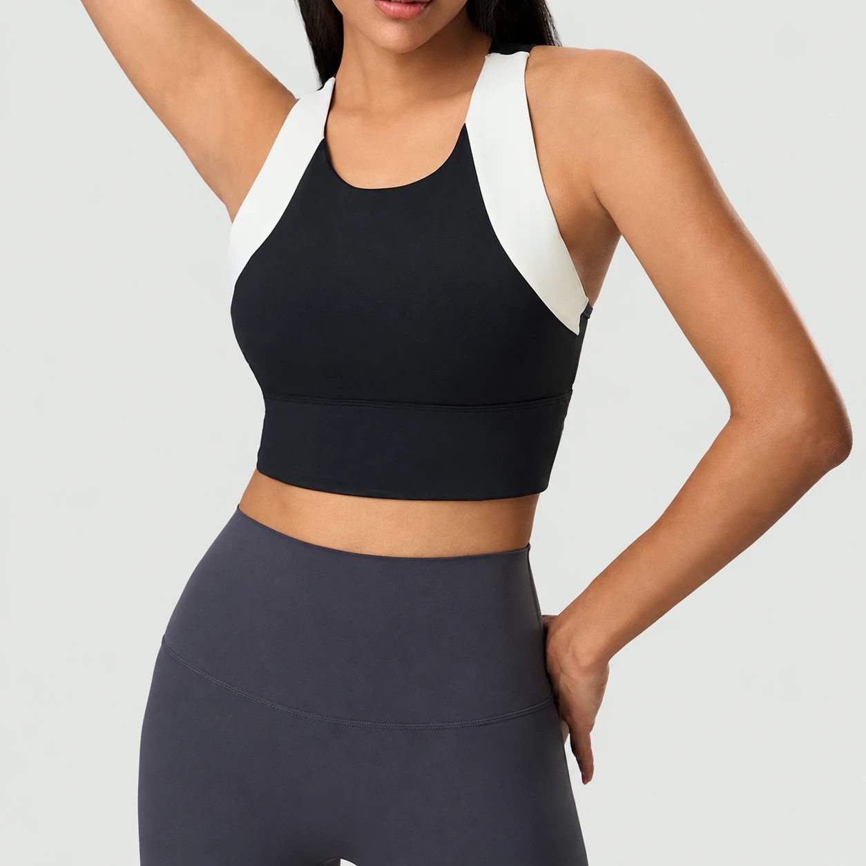 SB-034 Custom Contrast-Shoulder Longline Sports Bra for private label activewear sourcing