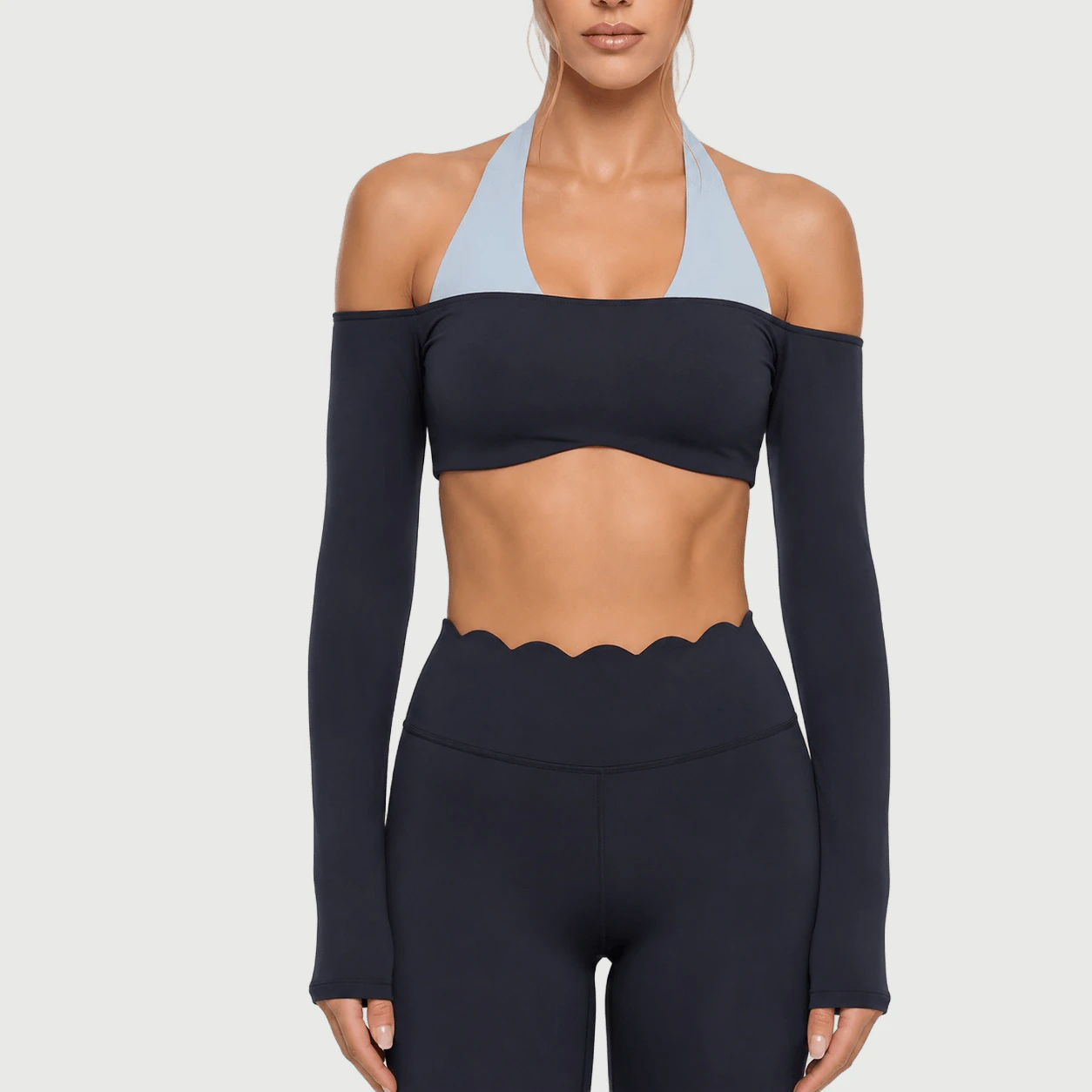 SB-041 Scallop Bandeau Sports Bra with Arm Sleeves for private label activewear sourcing