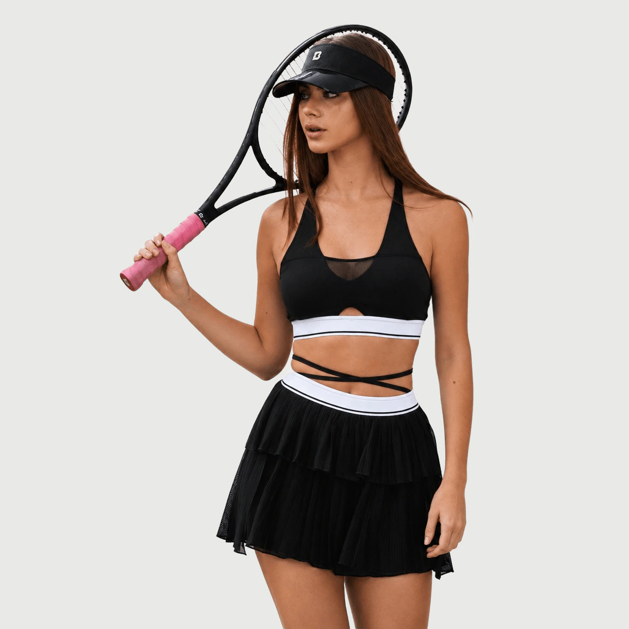Black Halter Pleated Skort Set for private label OEM activewear manufacturing