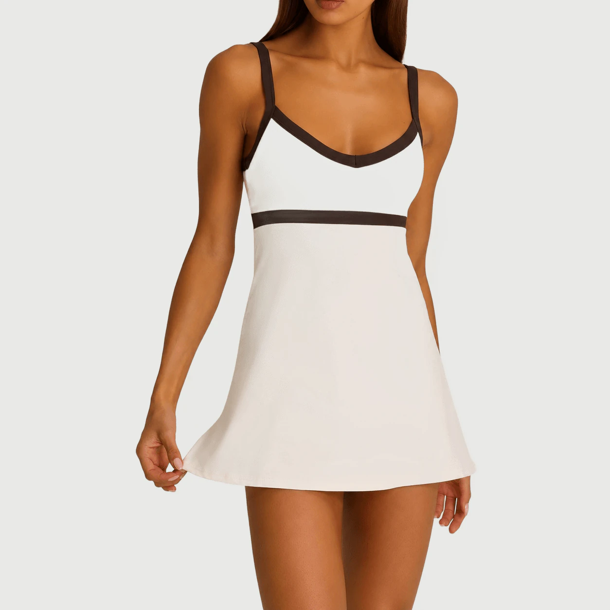 TD-064 Contrast Binding White Tennis Dress for private label activewear sourcing
