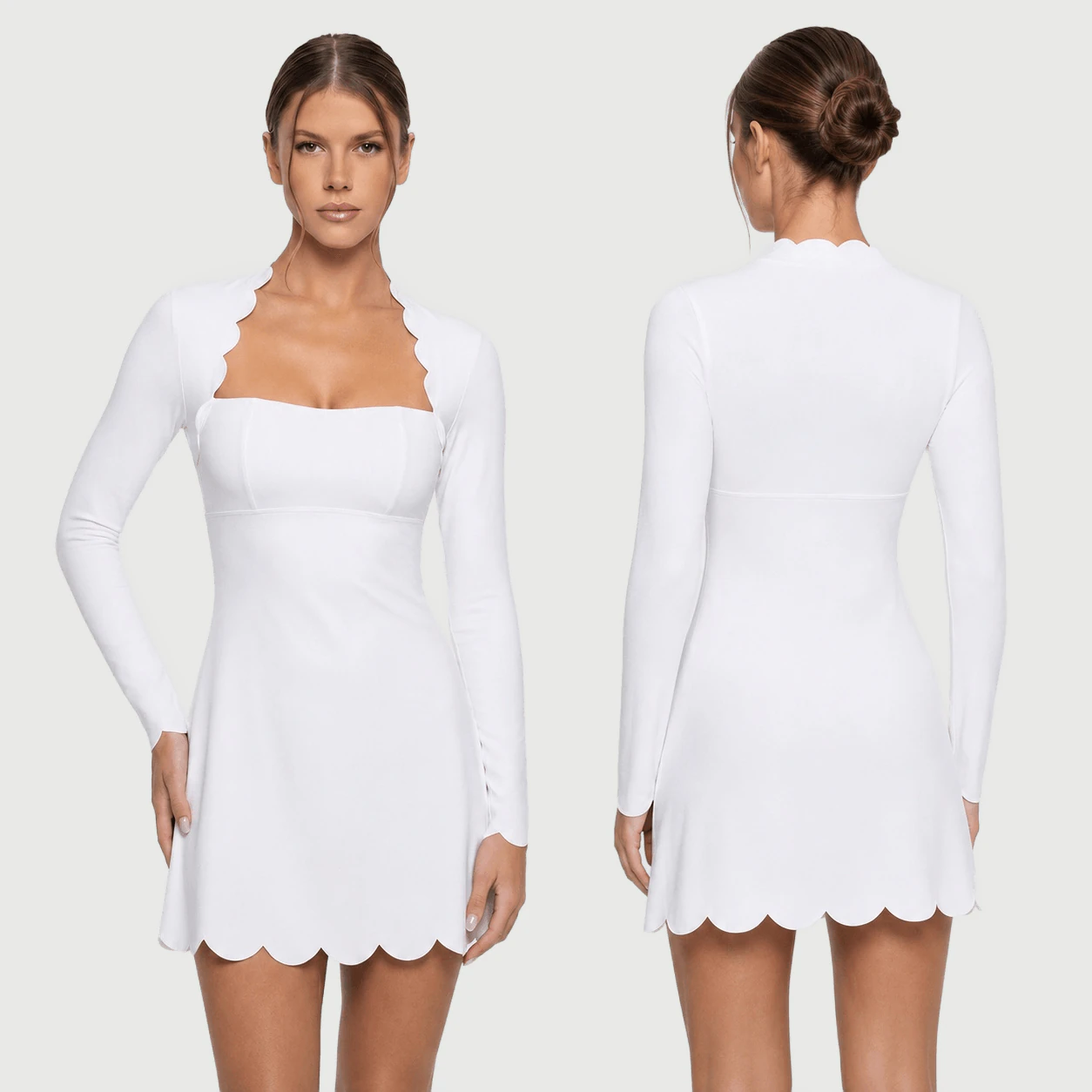 TD-065 White Scallop Long Sleeve Active Dress for private label activewear sourcing