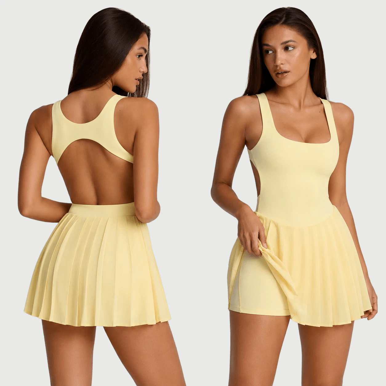 TD-069 Yellow Pleated Open Back Tennis Dress for private label activewear sourcing