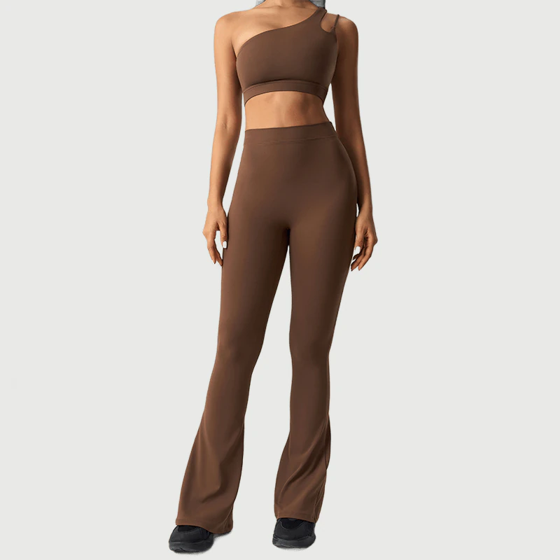 YS-033 Custom One Shoulder Bra and Flare Legging Set for private label activewear sourcing