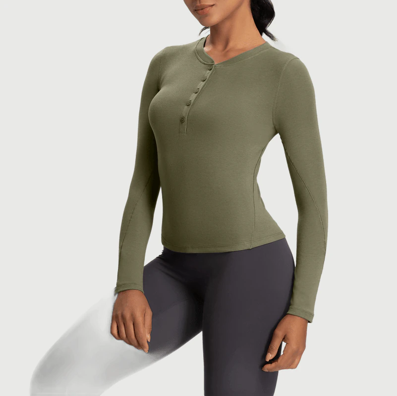 Custom Long Sleeve Henley Top Yoga Activewear Ribbed for private label activewear sourcing