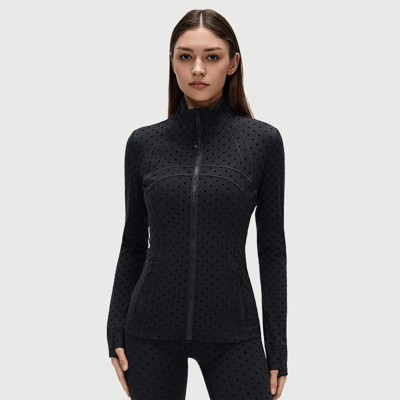 Private Label Polka Dot Full Zip Workout Jacket High Neck for private label activewear sourcing