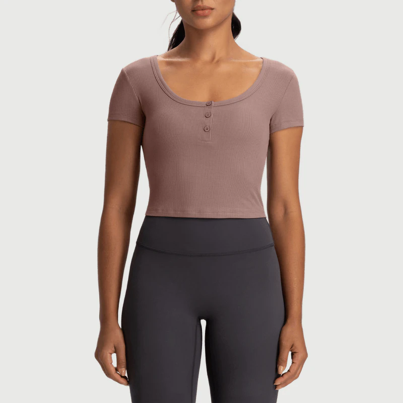 YT-026 OEM Ribbed Cropped Henley Yoga Top for private label activewear sourcing