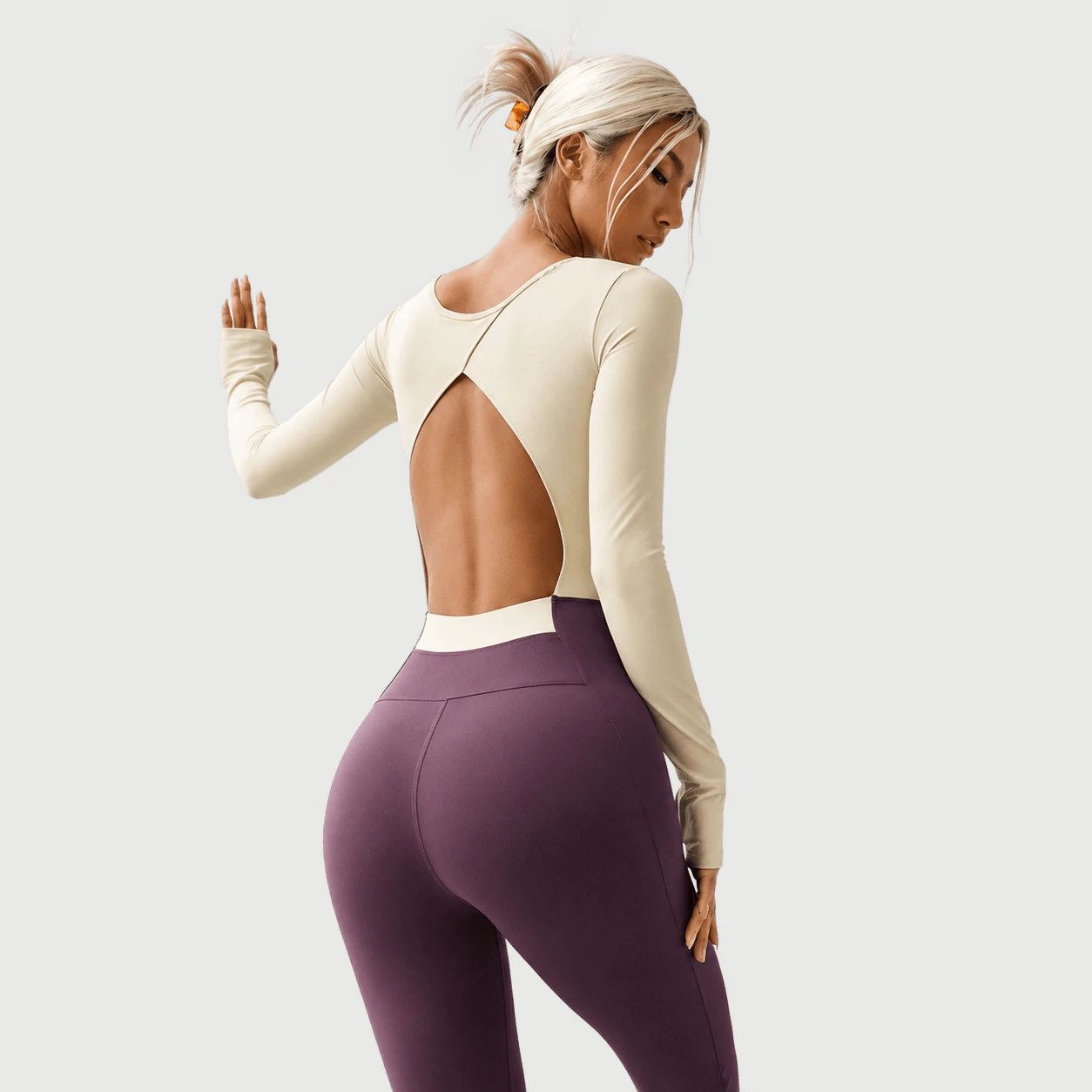YT-041 Open Back Long Sleeve Pilates Top for private label activewear sourcing