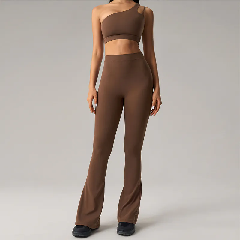 YS-033 Custom One Shoulder Bra and Flare Legging Set for private label activewear sourcing