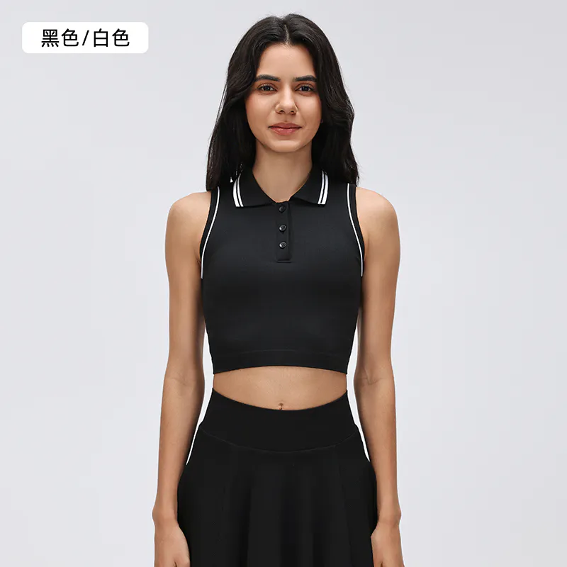 YT-005 Custom Sleeveless Polo Collar Crop Top for private label activewear sourcing