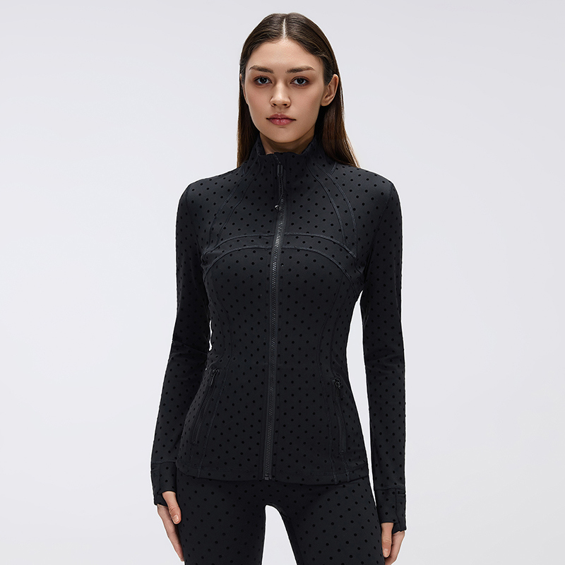 Private Label Polka Dot Full Zip Workout Jacket High Neck for private label activewear sourcing
