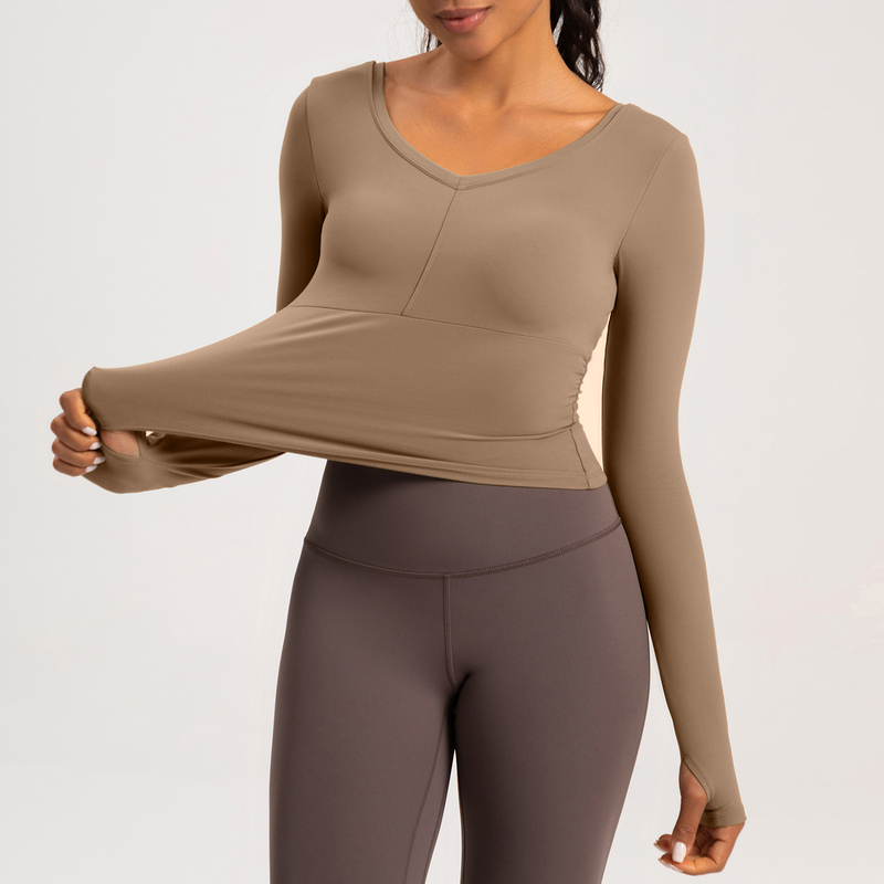 YT-024 Private Label V-Neck Ruched Long Sleeve Top for private label activewear sourcing