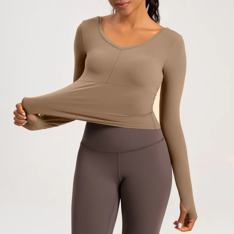 YT-024 Private Label V-Neck Ruched Long Sleeve Top