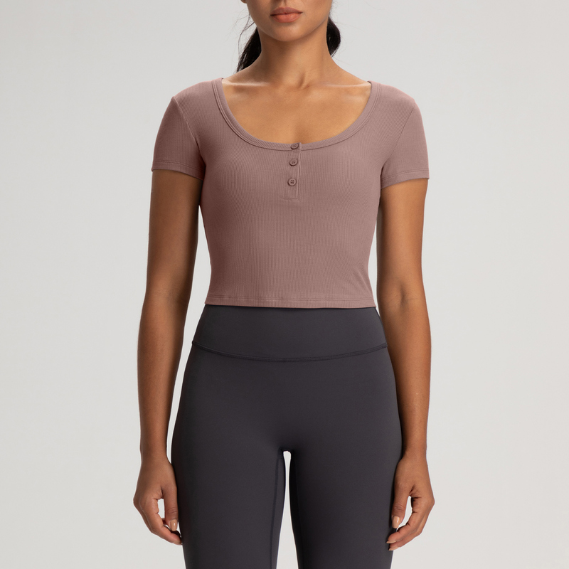 YT-026 OEM Ribbed Cropped Henley Yoga Top for private label activewear sourcing