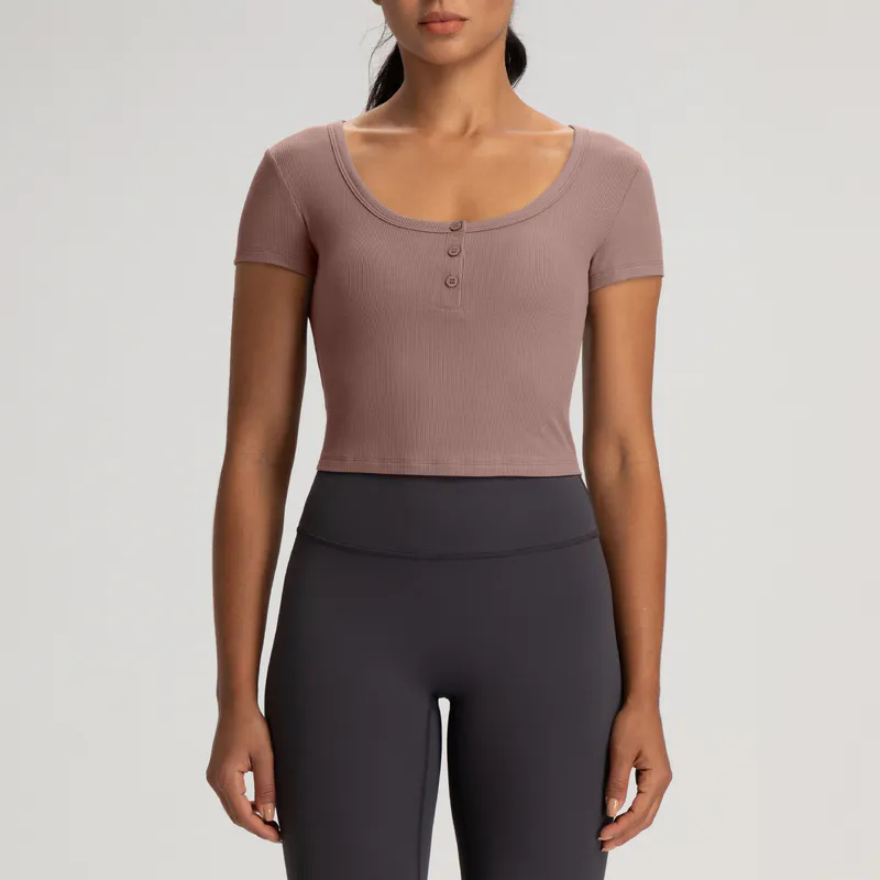 YT-026 OEM Ribbed Cropped Henley Yoga Top