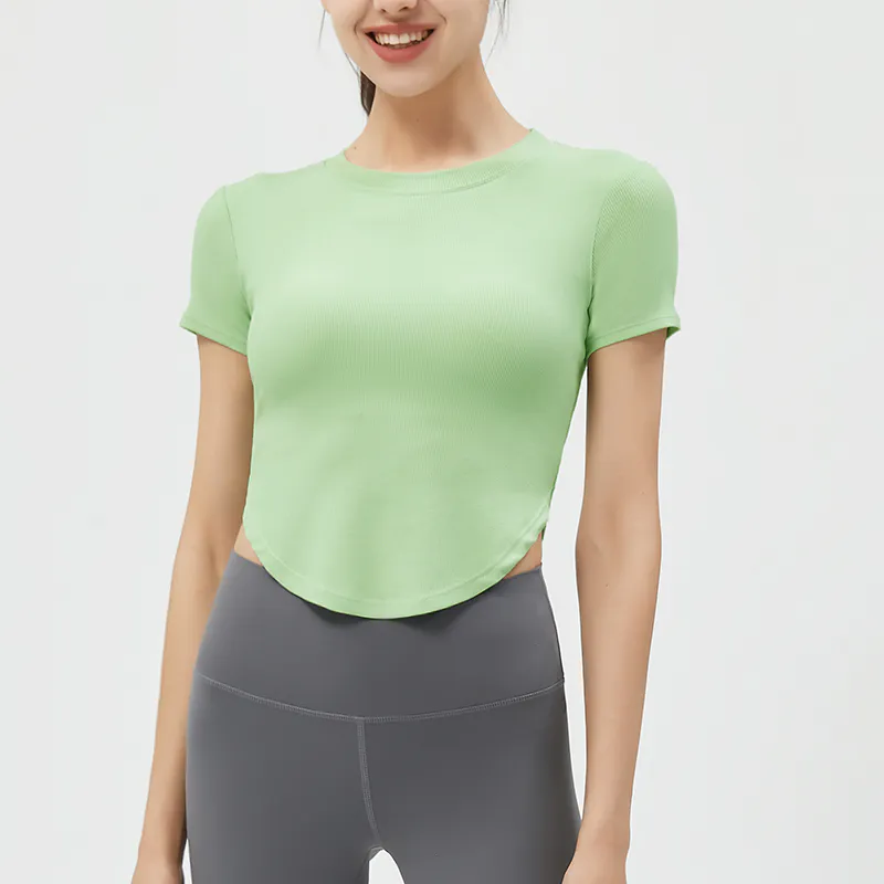 YT-028 Custom Ribbed Short Sleeve Cropped Top for private label activewear sourcing
