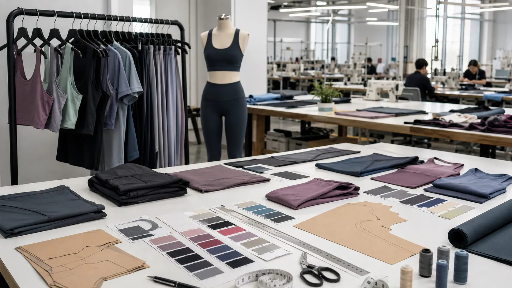 Yoga wear manufacturer selection workspace with garment rack mannequin and development table
