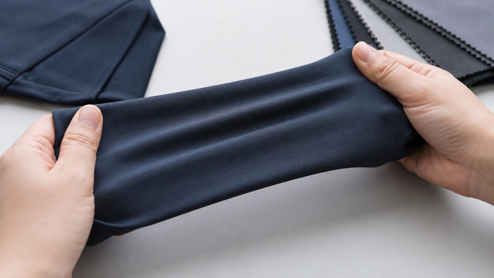 Hands testing stretch and compression recovery on performance activewear fabric