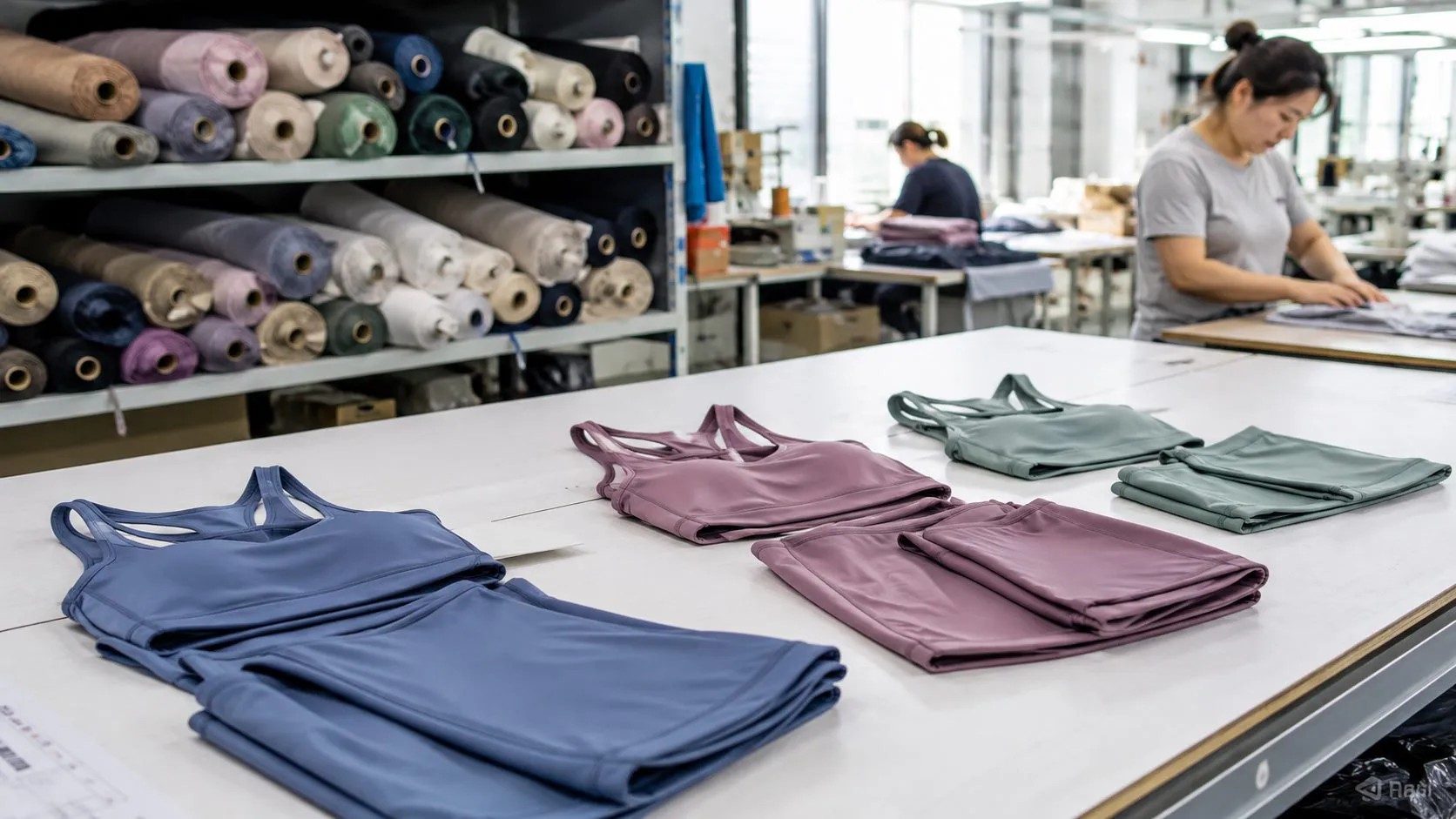 Focused startup activewear production planning table with samples and fabric