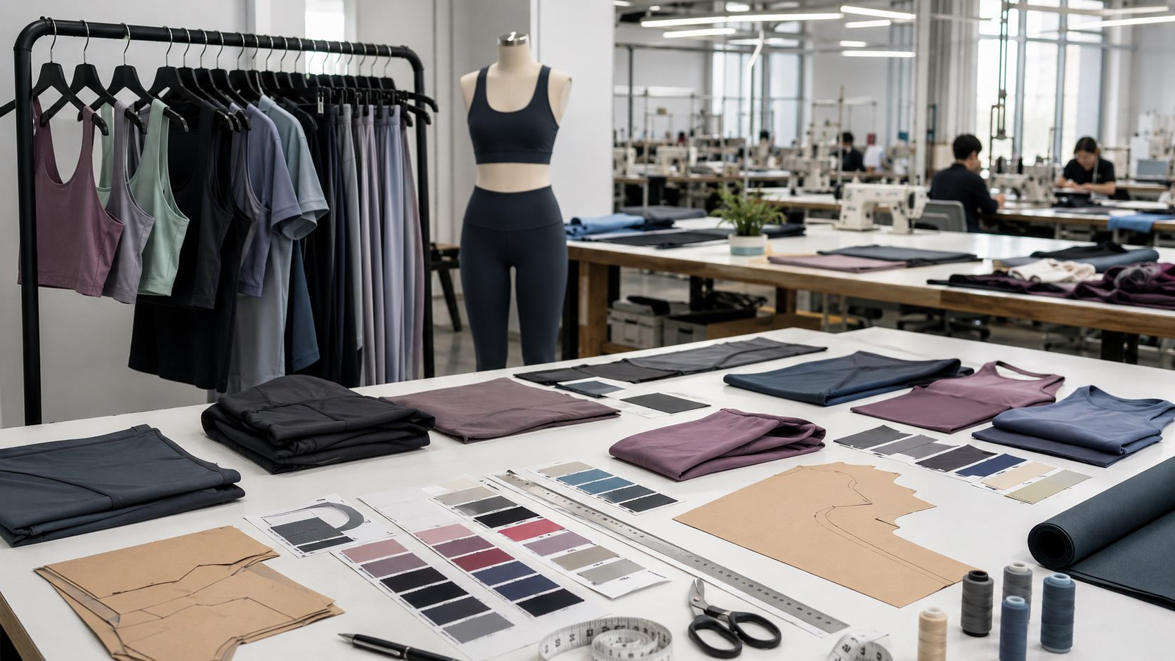 Yoga wear manufacturer selection workspace with garment rack mannequin and development table