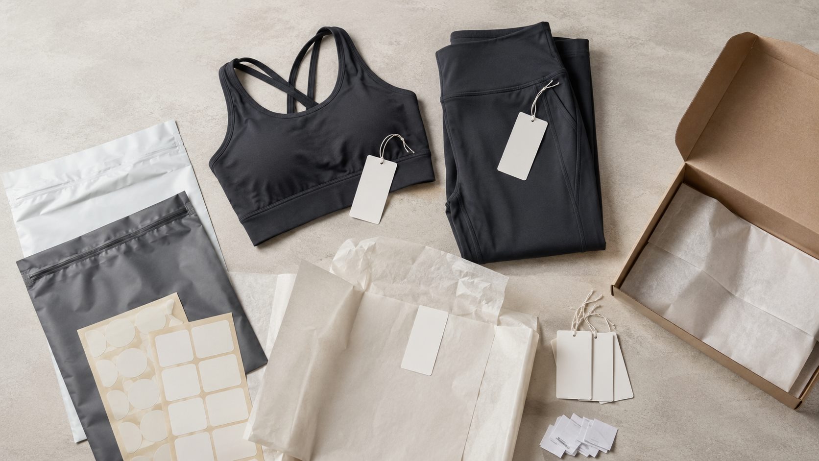 Manufacturing export packing layout with activewear set tissue mailers and cartons