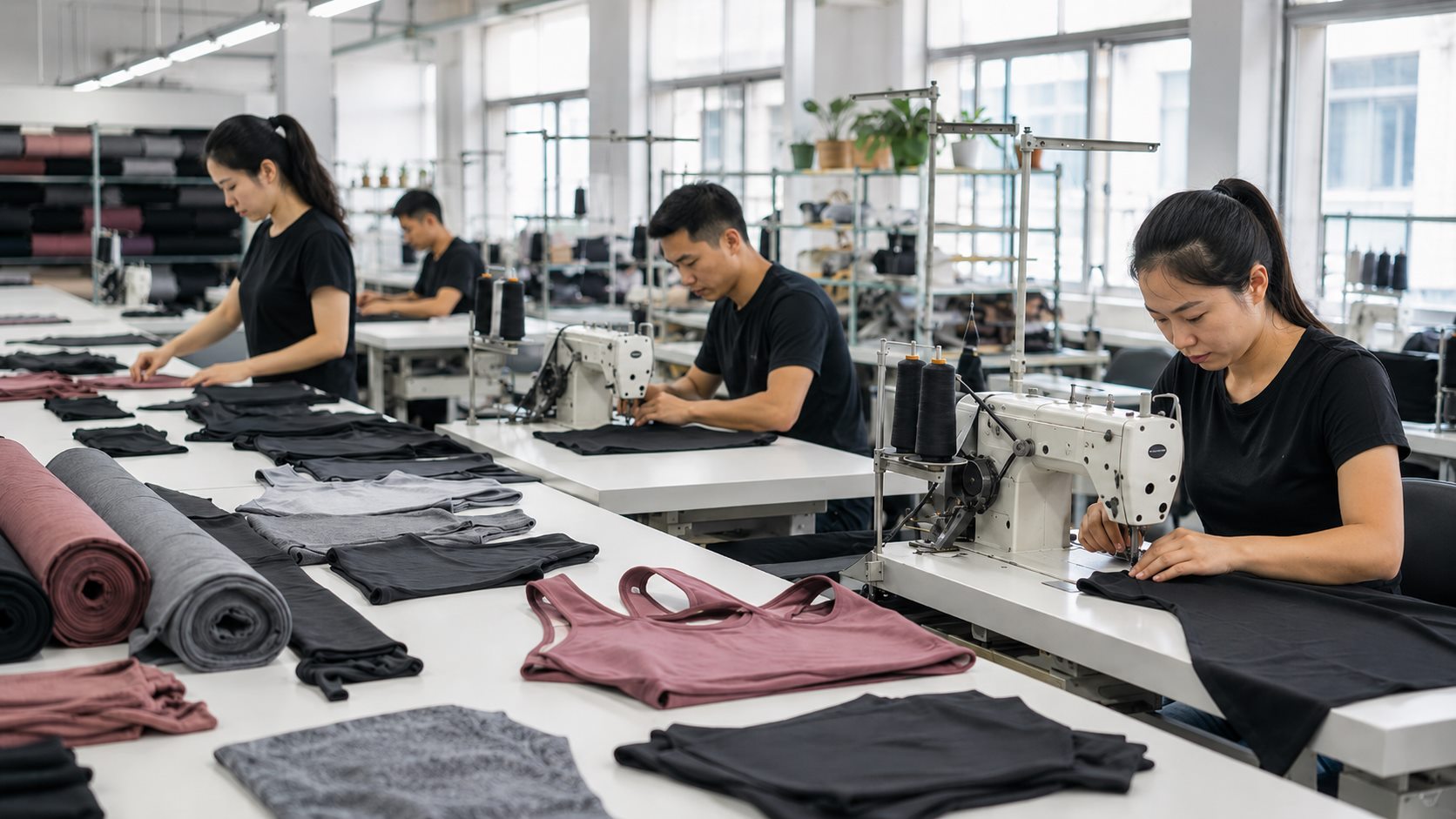 Activewear sewing workshop with production tables and quality control for private label buyers