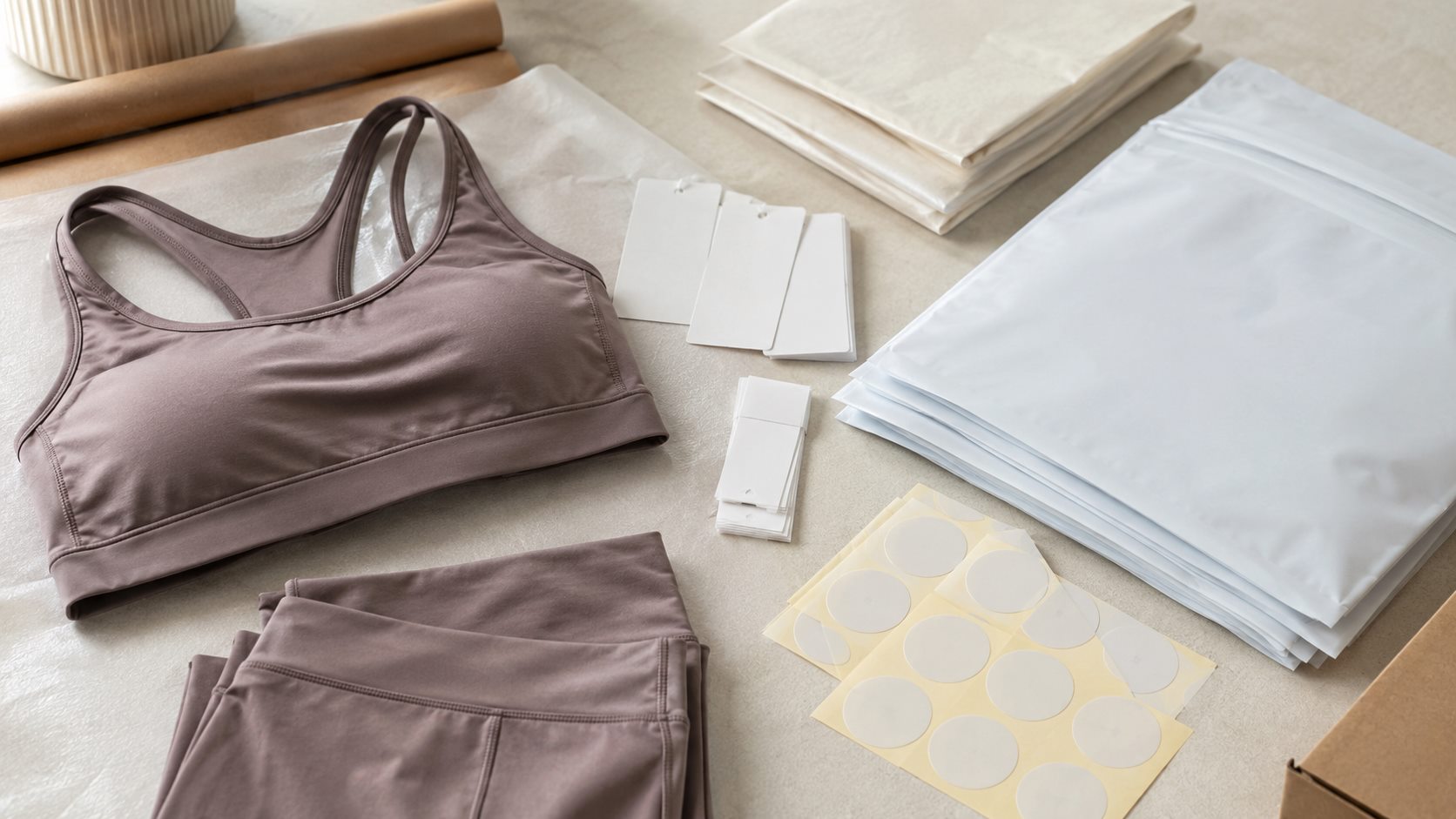 Private label activewear mailers stickers hang tags and folded yoga wear layout