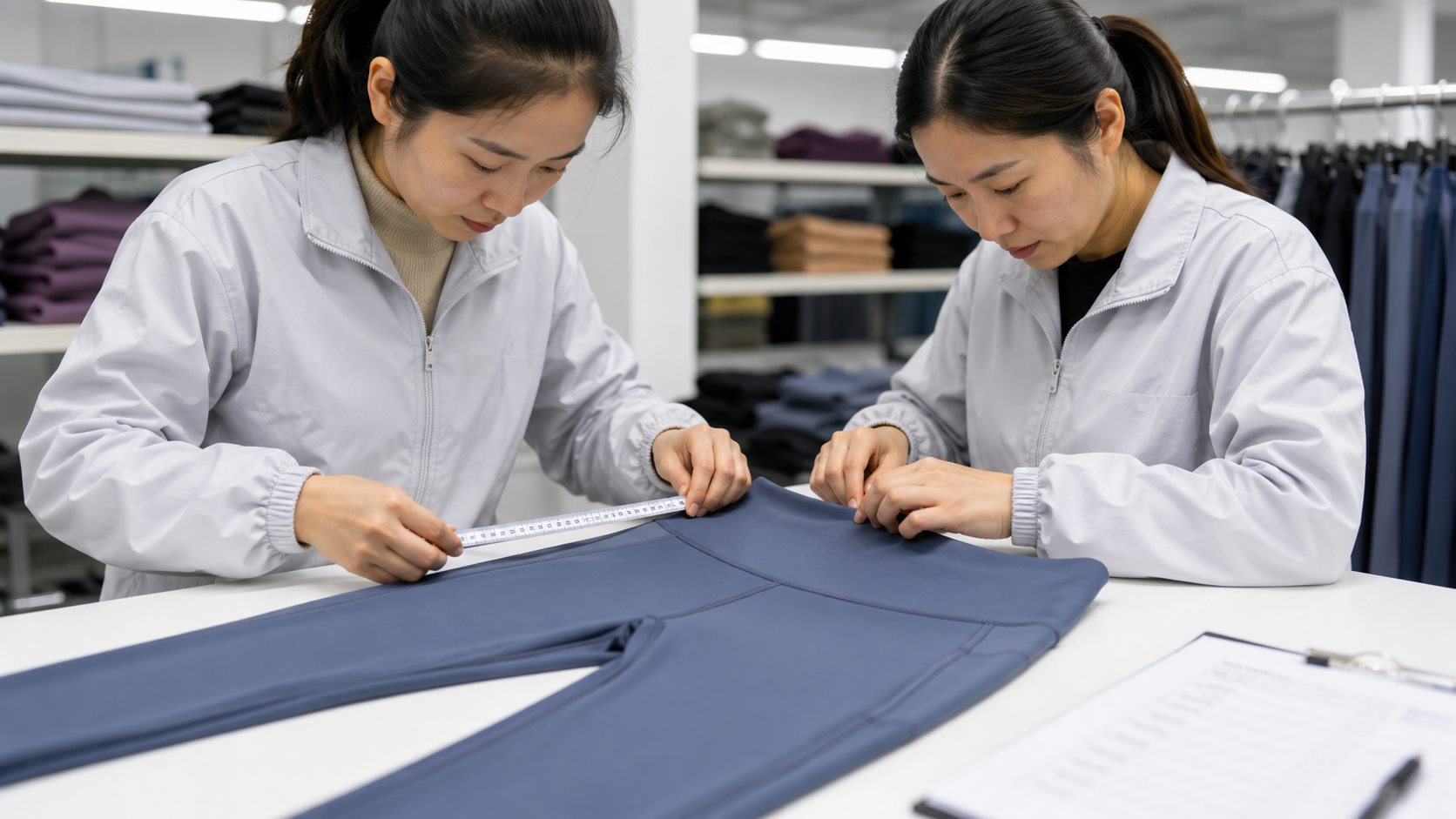 Activewear quality control measurement and seam inspection for private label yoga wear