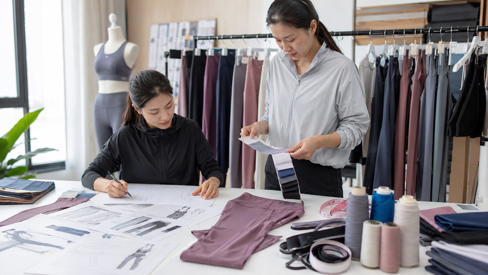 Activewear sample development review with fabric swatches and yoga wear references