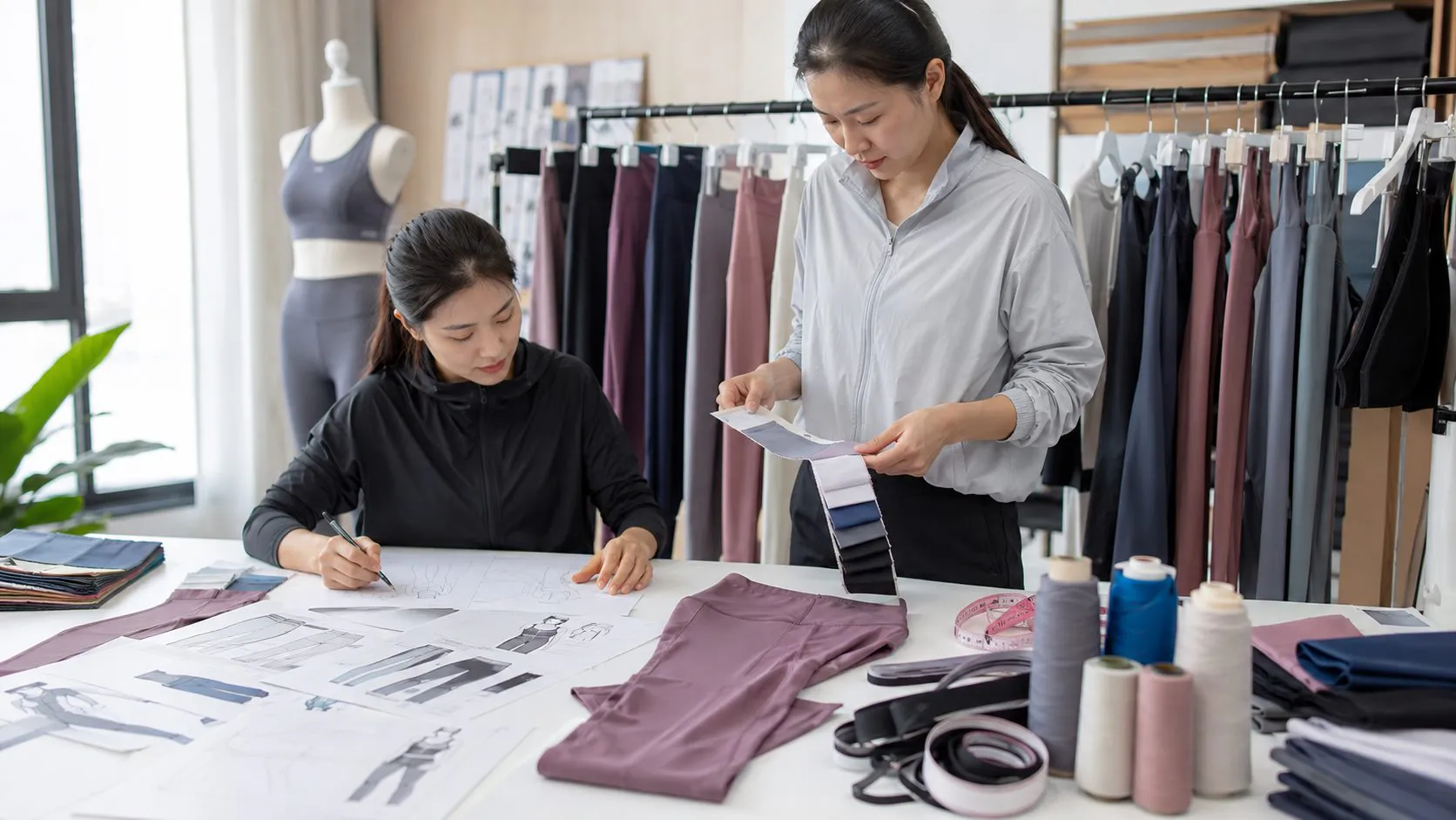 Activewear sample development review with fabric, measurements and product references