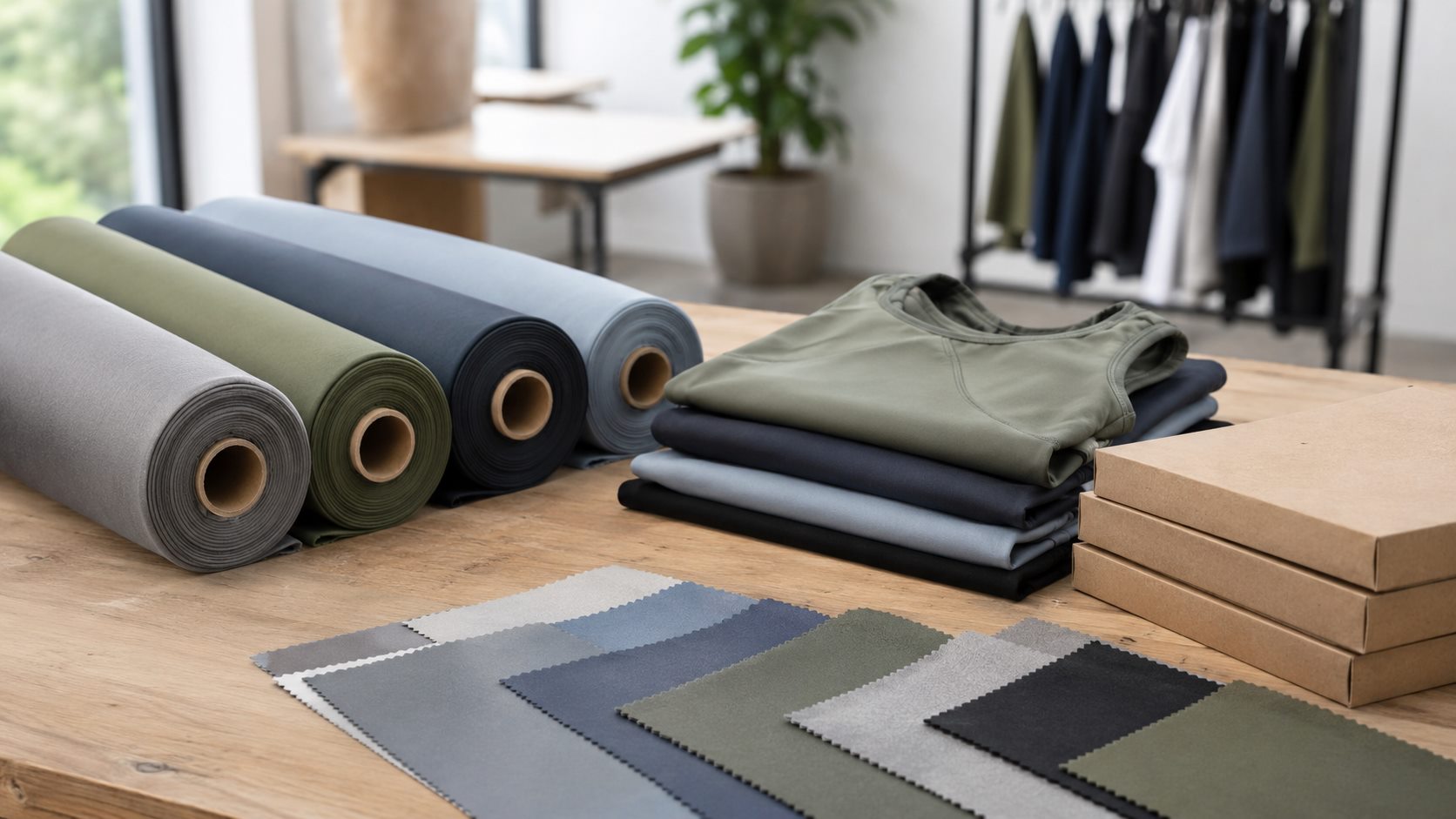 Responsible activewear fabric rolls color swatches and packaging options for private label production