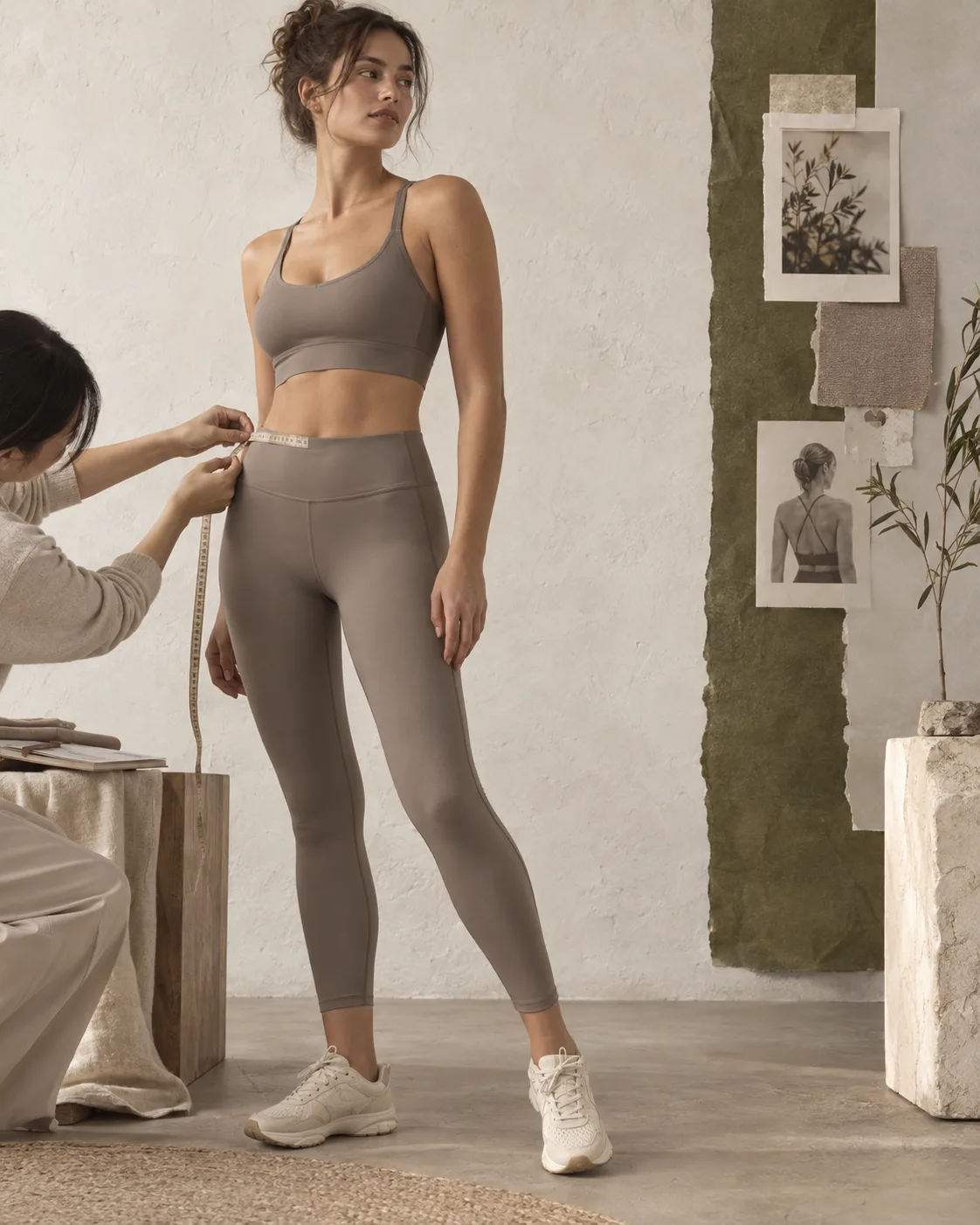Activewear fit sample being measured and reviewed on a model