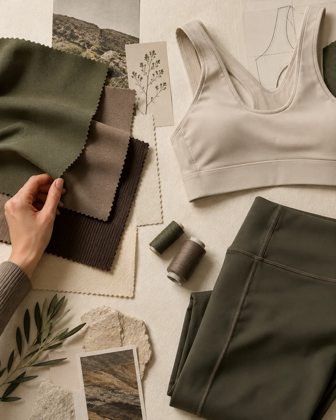 Olive and neutral activewear fabrics, sports bra and leggings arranged for material selection