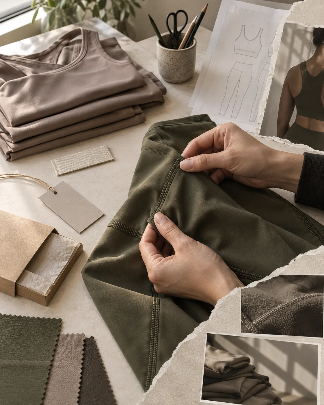 Hands inspecting an olive activewear flatlock seam beside folded garments and packaging details
