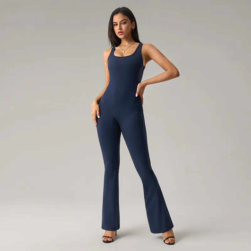 OP-007 Black Custom Sleeveless Flare Leg Yoga Jumpsuit view 4 for activewear sourcing