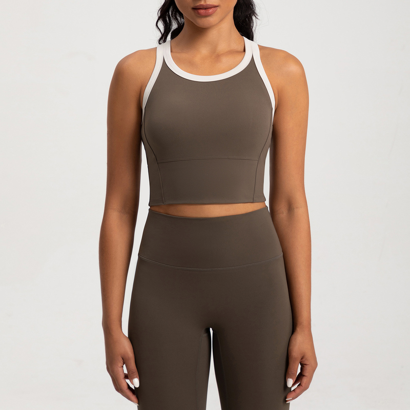 SB-002 Blue Custom Contrast Trim Yoga Sports Bra High Support Cropped view 2 for activewear sourcing