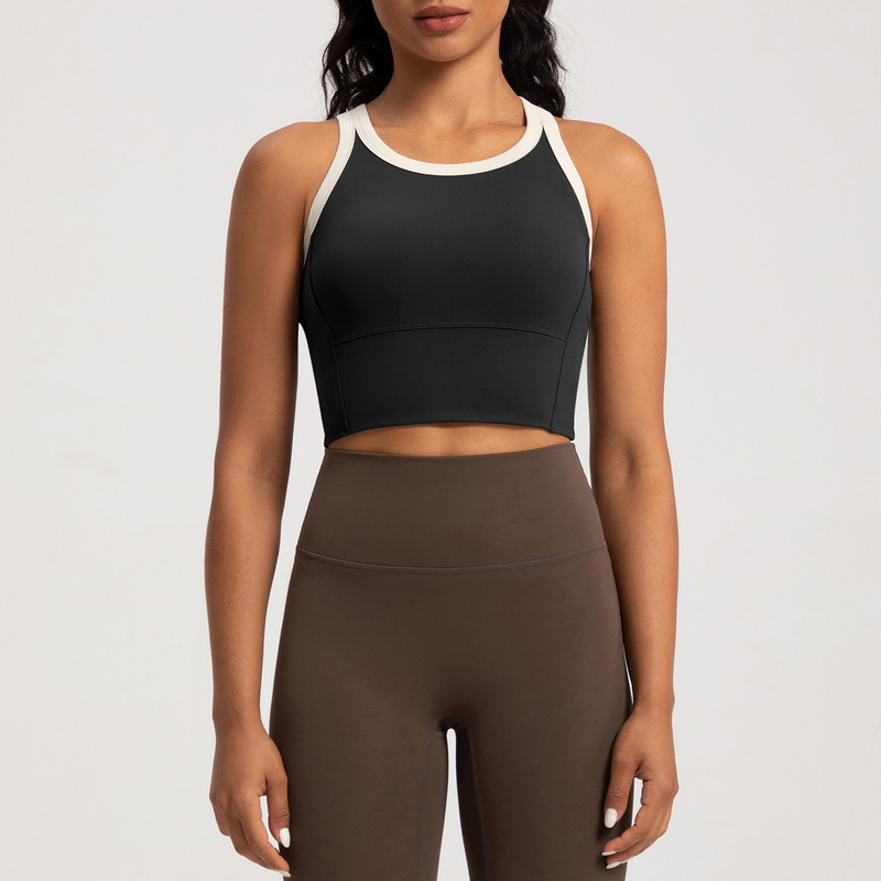 SB-002 Black Custom Contrast Trim Yoga Sports Bra High Support Cropped view 3 for activewear sourcing