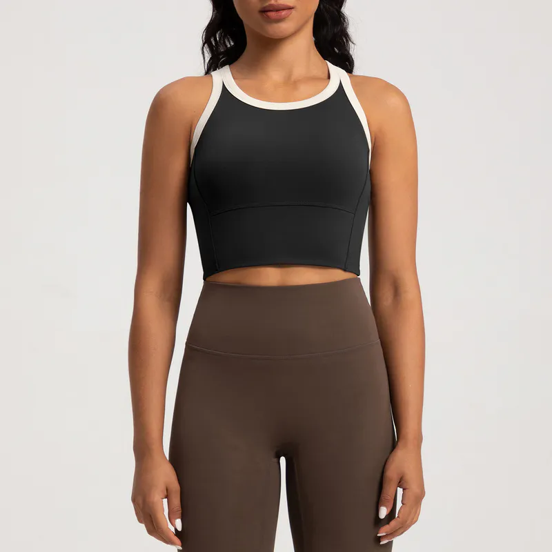 SB-002 Black Custom Contrast Trim Yoga Sports Bra High Support Cropped view 3 for activewear sourcing