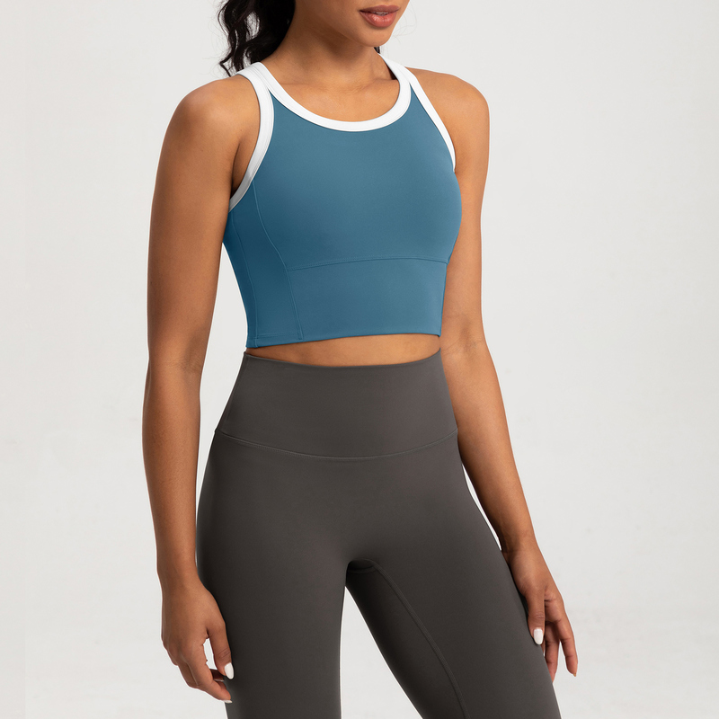 SB-002 Brown Custom Contrast Trim Yoga Sports Bra High Support Cropped view 4 for activewear sourcing