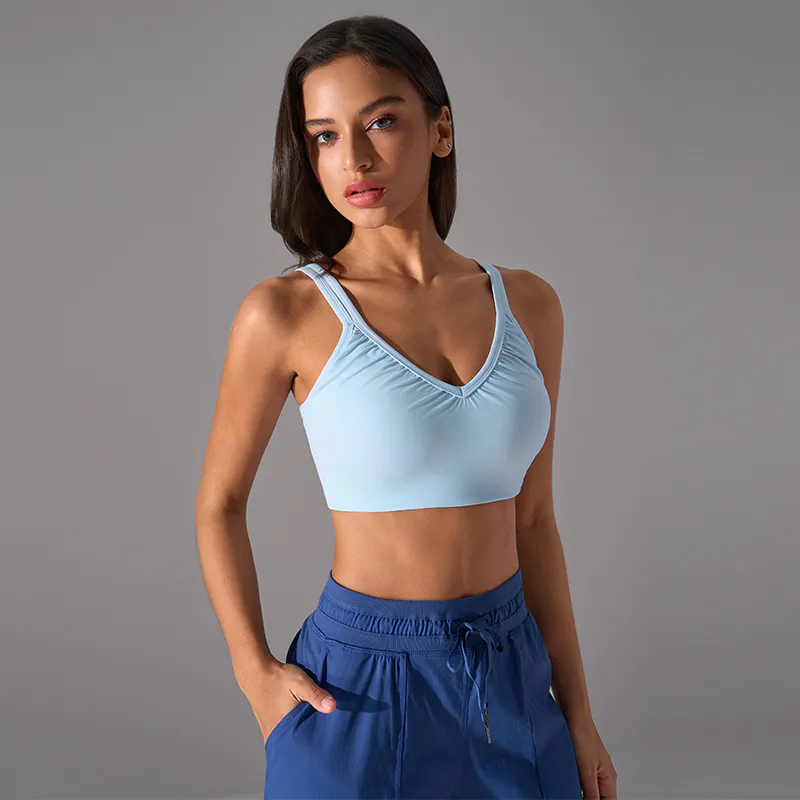 SB-005 White Custom V-Neck Adjustable Strap Sports Bra view 2 for activewear sourcing