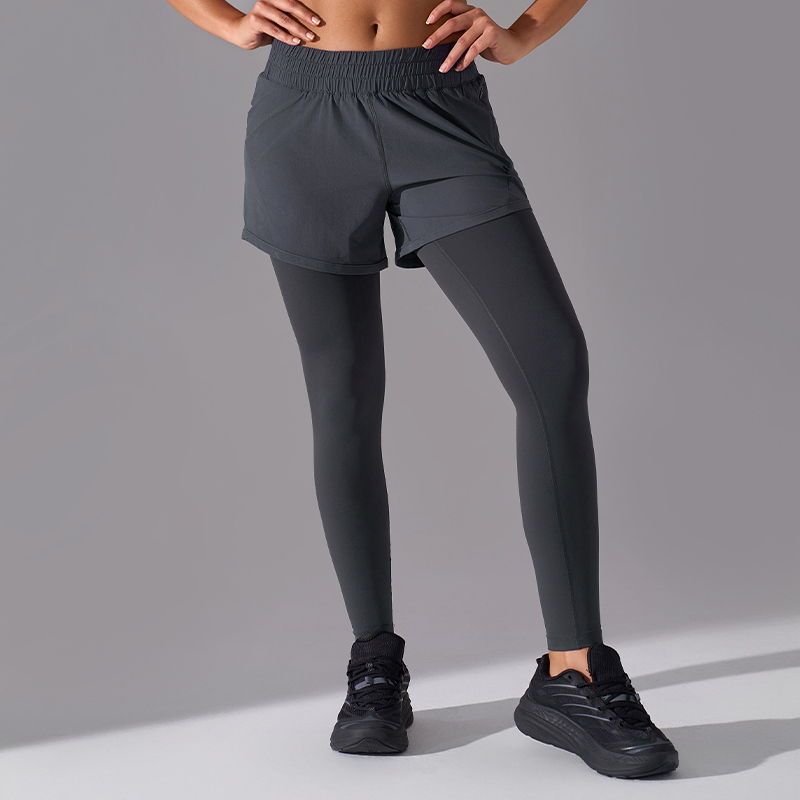 YL-019 Charcoal Private Label 2-in-1 Leggings with Shorts view 2 for activewear sourcing