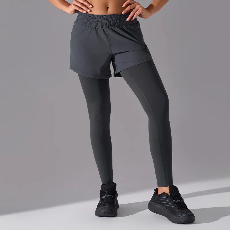 YL-019 Charcoal Private Label 2-in-1 Leggings with Shorts view 2 for activewear sourcing