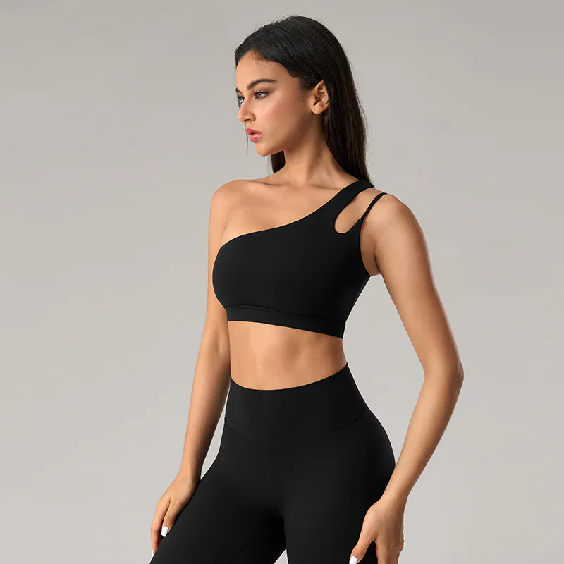 YS-001 Black Asymmetric Strap Sports Bra and High Waisted Leggings Yoga Set view 2 for activewear sourcing