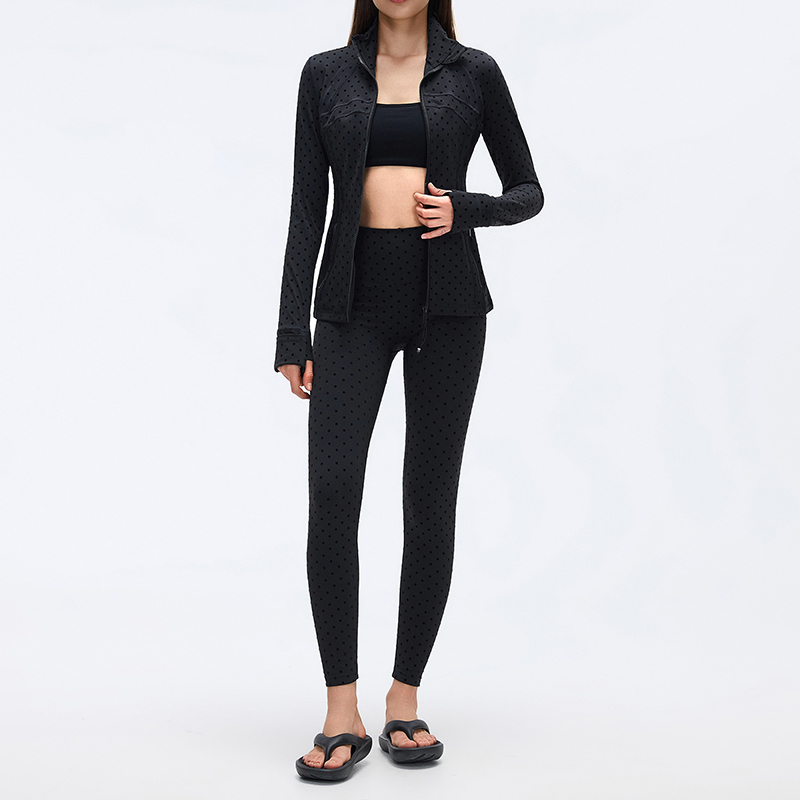 YS-002 White Full Zip Polka Dot Yoga Jacket and High Waisted Leggings Set view 2 for activewear sourcing