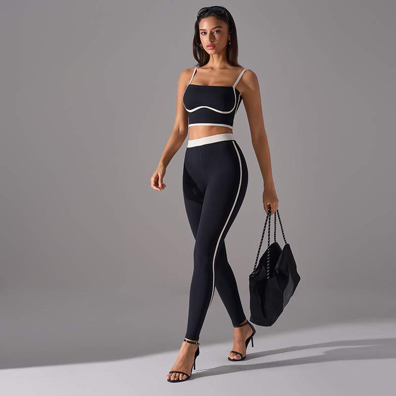 YS-003 Contrast Trim Padded Sports Bra and High Waisted Leggings Set view 2 for activewear sourcing