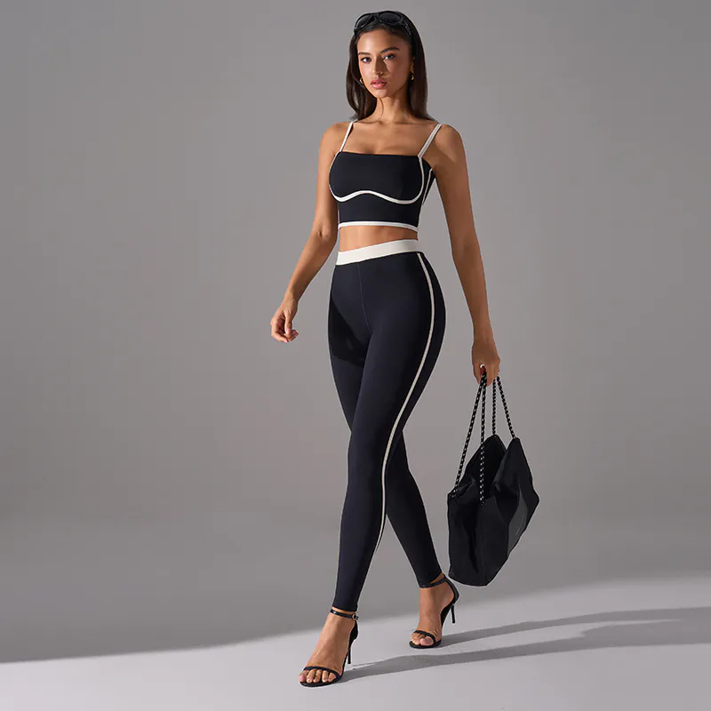 YS-003 Contrast Trim Padded Sports Bra and High Waisted Leggings Set view 2 for activewear sourcing