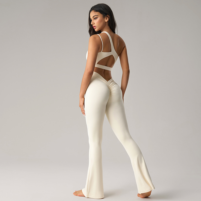 YS-004 White Private Label One Shoulder Flare Legging Set view 2 for activewear sourcing