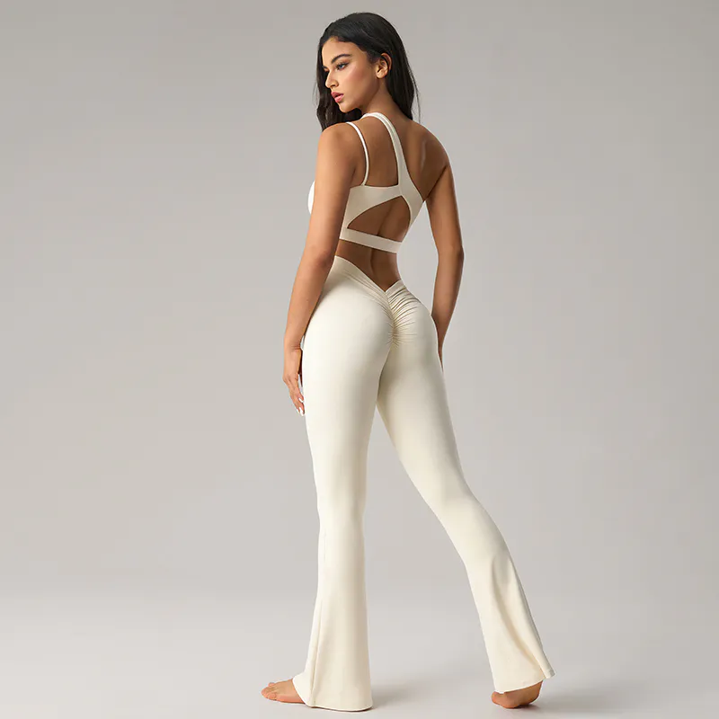 YS-004 White Private Label One Shoulder Flare Legging Set view 2 for activewear sourcing