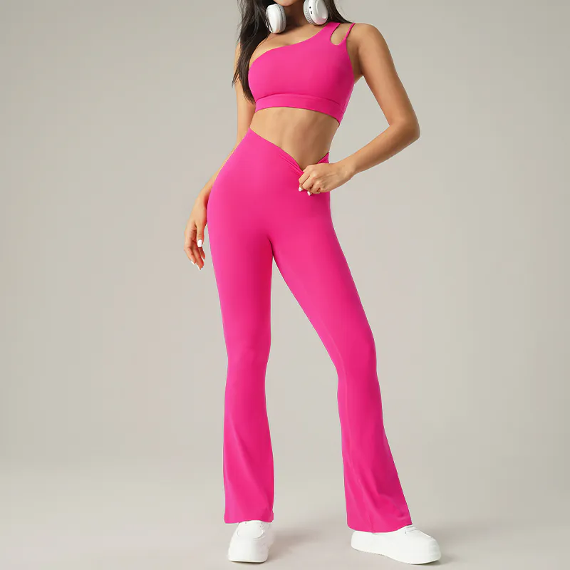 YS-033 Pink Custom One Shoulder Bra and Flare Legging Set view 3 for activewear sourcing